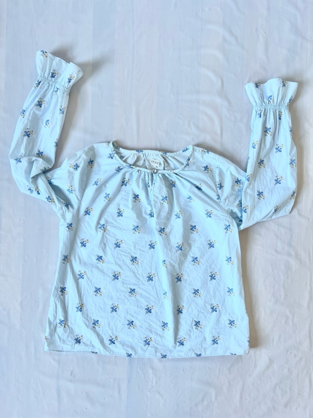 LA VIE Rebecca Taylor cotton blouse blue floral keyhole ruffled cuffs Women's S